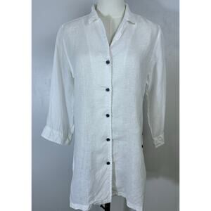 Foxcroft Linen Button Down Shirt Womens 8 White Shaped Fit 3/4 Sleeve Coastal